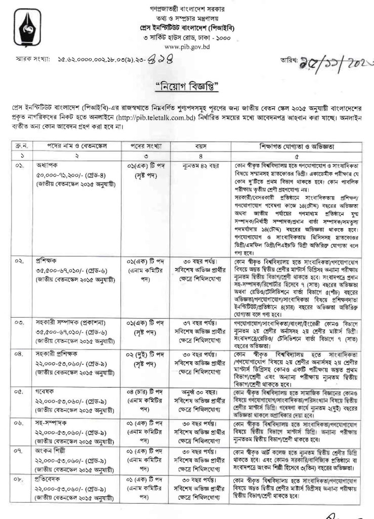 প্রেস ইনস্টিটিউট বাংলাদেশ (pib) এ বিভিন্ন পদে নিয়োগ বিজ্ঞপ্তি