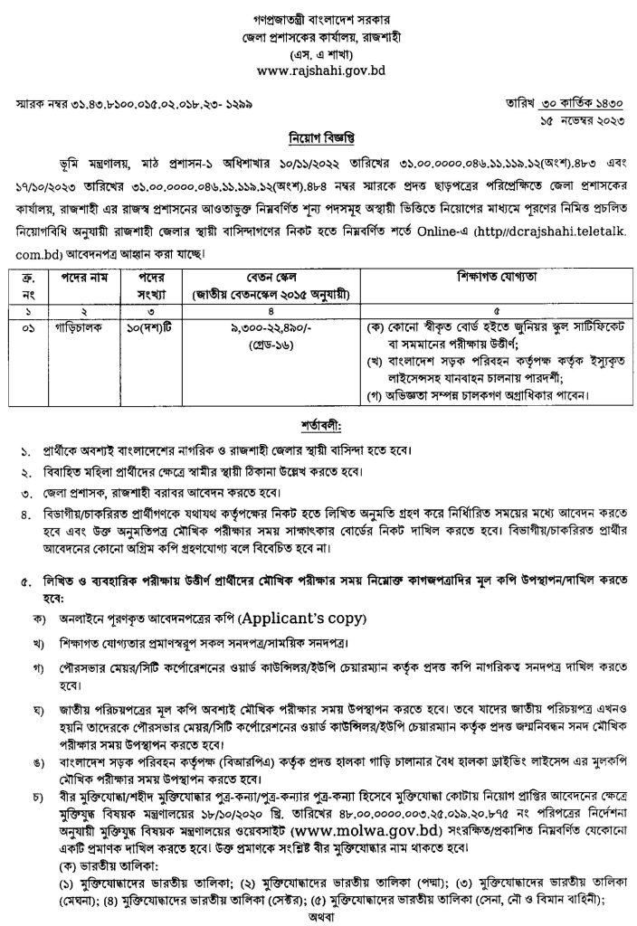 জেলা প্রশাসকের কার্যালয় রাজশাহী নিয়োগ বিজ্ঞপ্তি