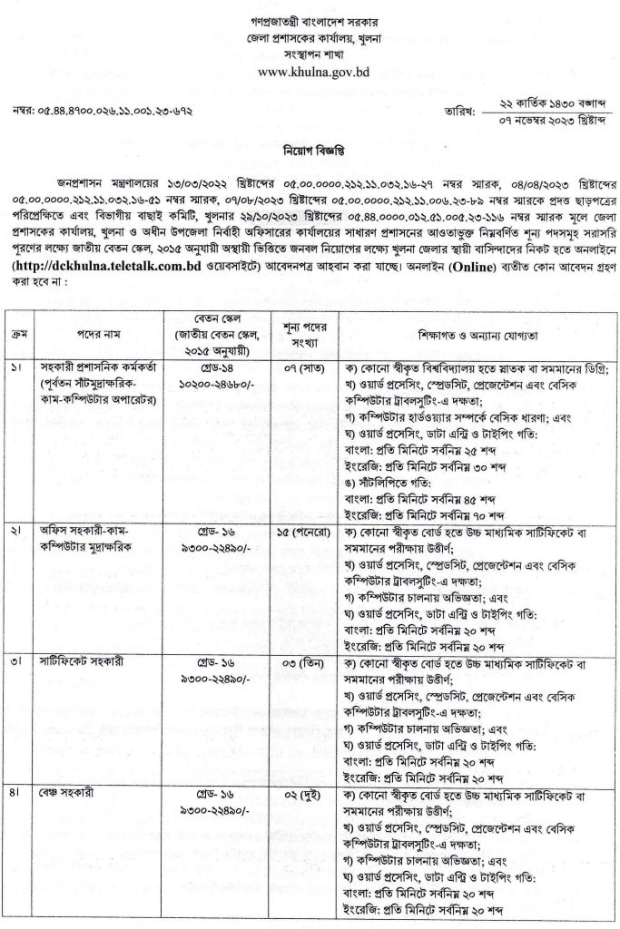 জেলা প্রশাসকের কার্যালয় খুলনায় বিভিন্ন পদে নিয়োগ  বিজ্ঞপ্তি - ০৩/১২